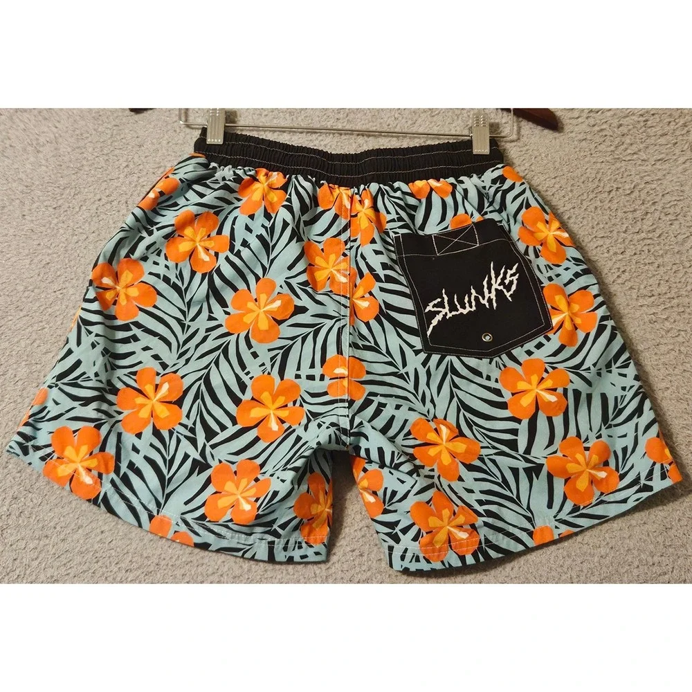 Slunks Mens Tropical Floral Board Shorts Blue Orange Compression Liner Small 5